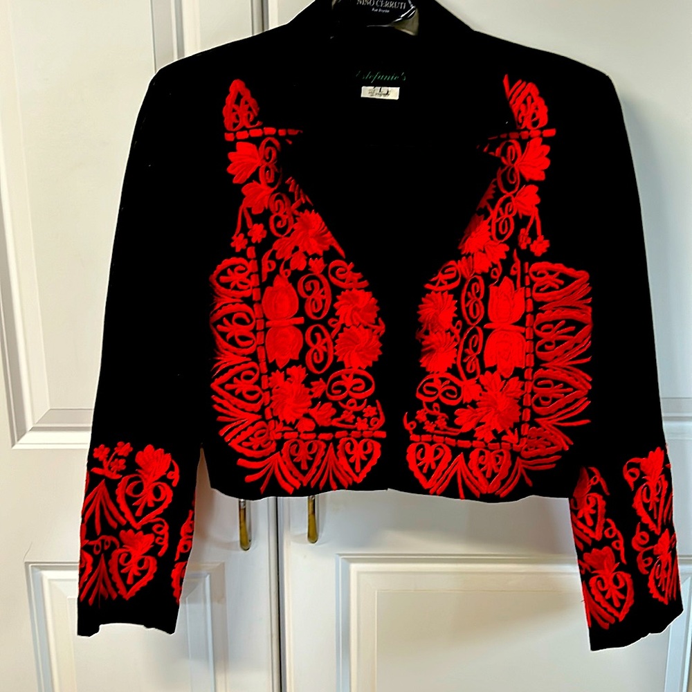 Estephanie Jacket, large, black fully lined embroidery front & sleeves in red.